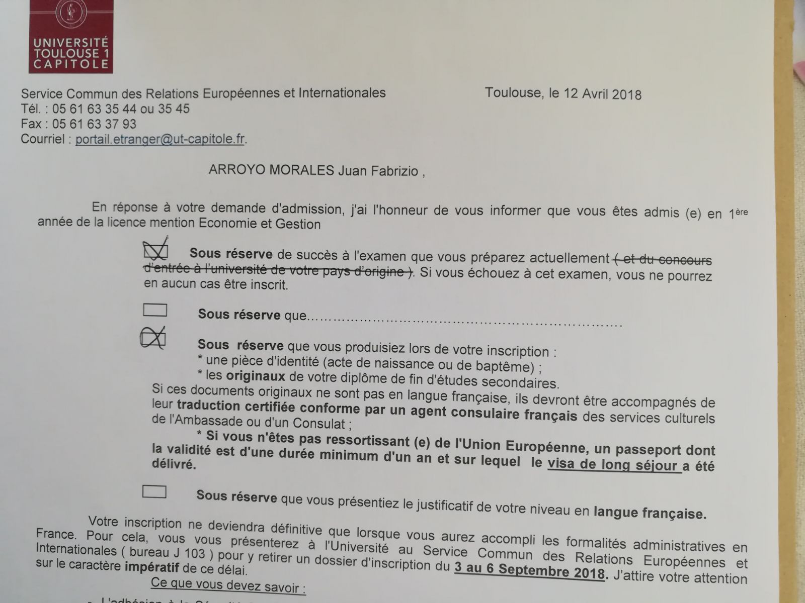 Letter confirming my admission to Toulouse I Capitole University