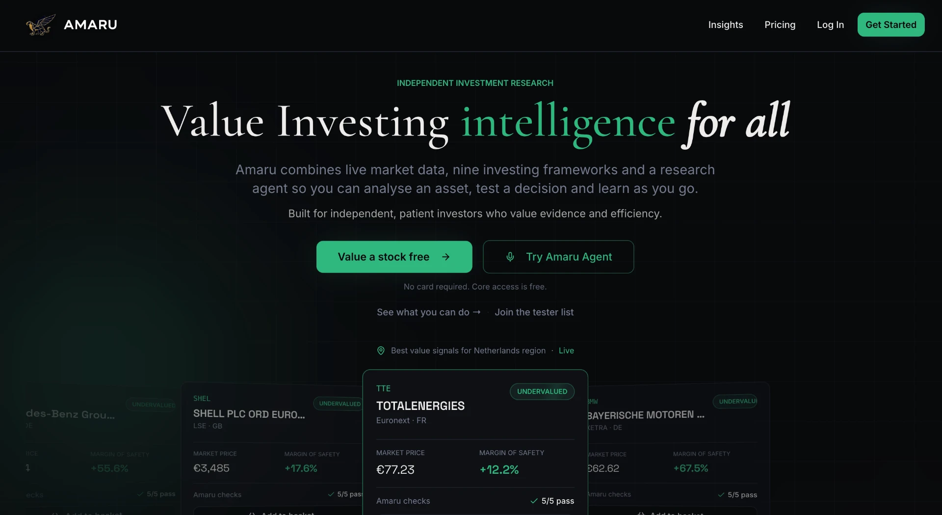 Landing page of Amaru Invest today. Our mission is to empower individuals to make informed investing decisions to build long-term wealth.